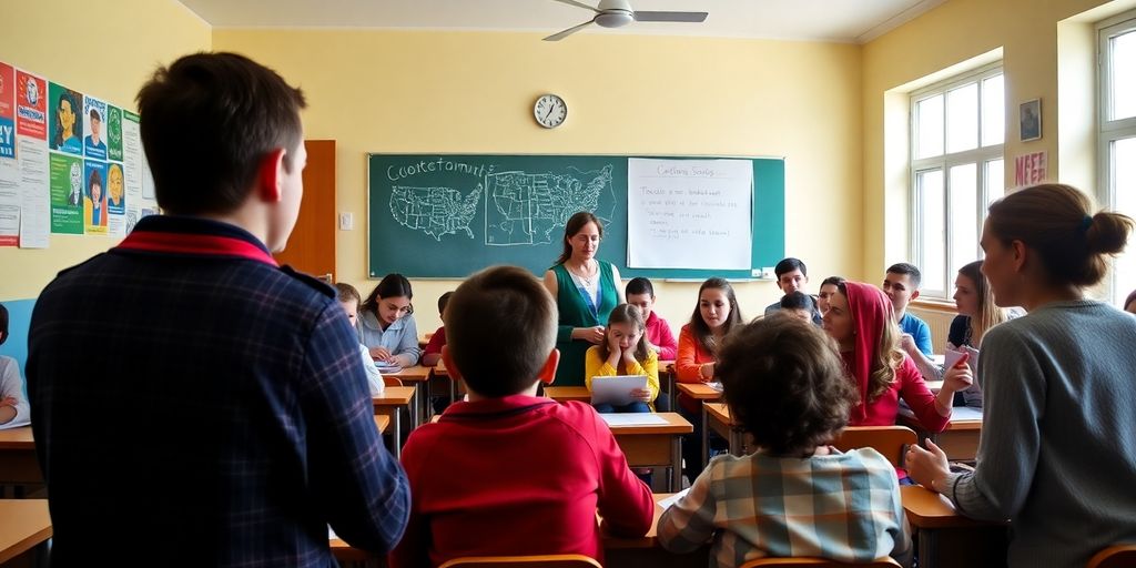 o sala de clasa plina de elevi si profesori