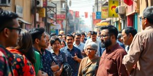 Oameni discutând pe stradă, ilustrând schimbările sociale.