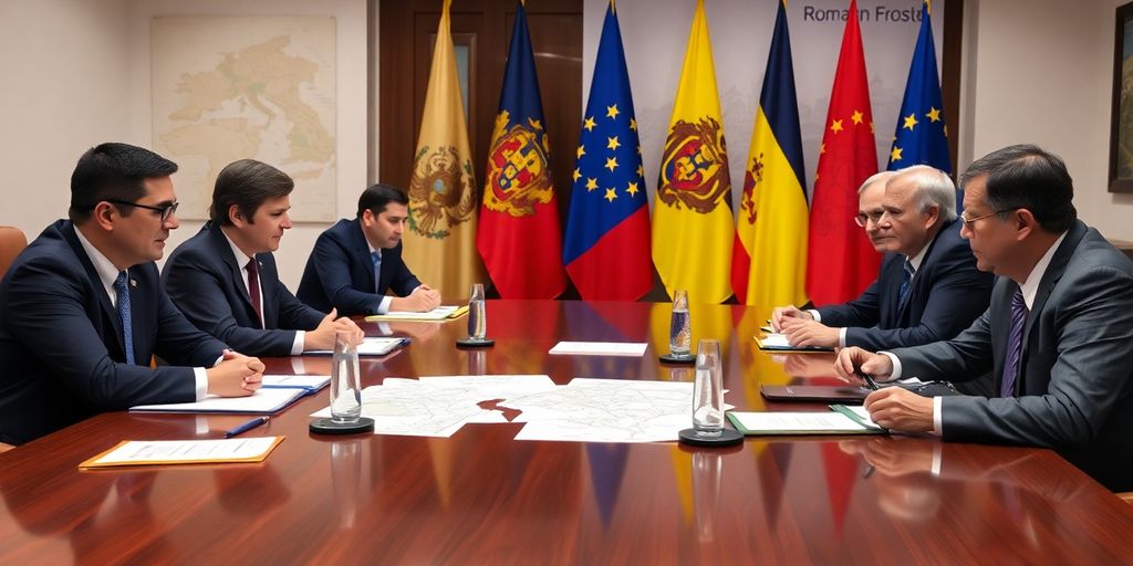 Oficiali români discutând politica externă într-o întâlnire.