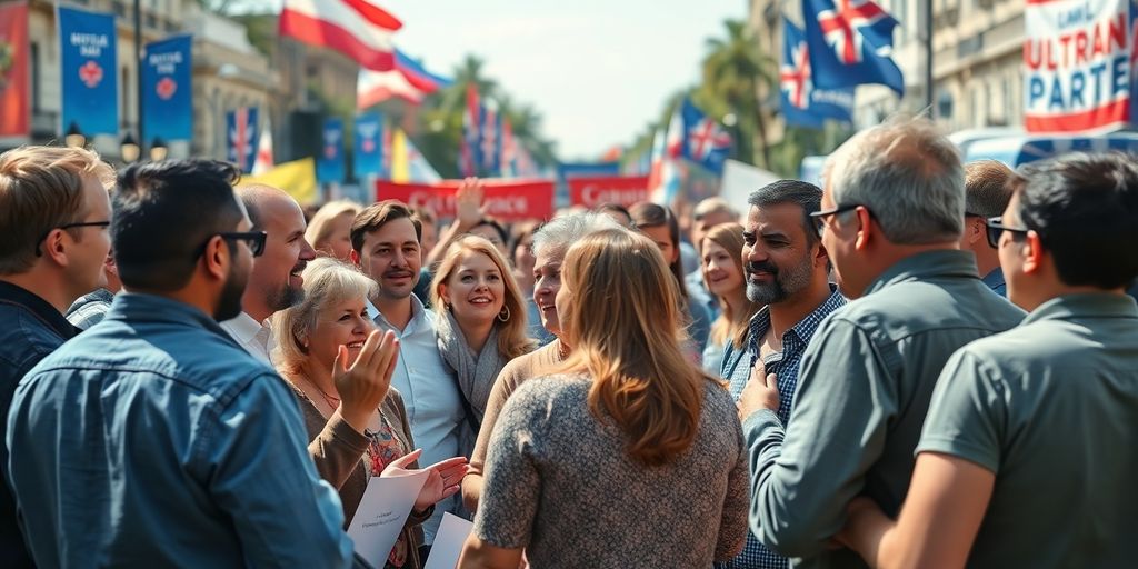 Oameni discutând despre democrație într-un spațiu public.