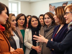 Femei discutând în cadrul unei întâlniri politice.