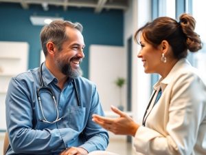 Discutie între medic și pacient într-un spital modern.