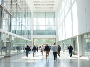 Clădire guvernamentală modernă, hol luminos, oameni discutând deschis.