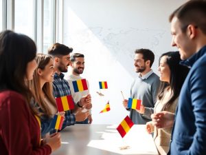 Drapel românesc, harta diasporei, oameni interacționând.