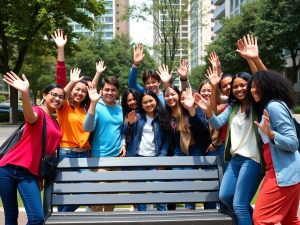 Tineri zâmbitori adunați în parc într-o zi însorită, ridicând mâinile.