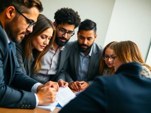 Antreprenori discutând cu un politician despre legi.