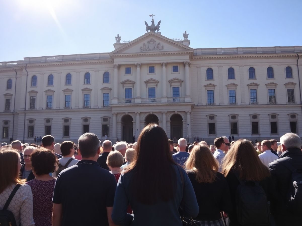 Diferite persoane privind spre o clădire guvernamentală.