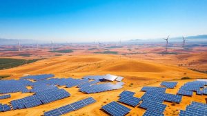 Turbine eoliene și panouri solare pe un fundal natural.