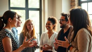 Oameni discutând constructiv în lumina soarelui.