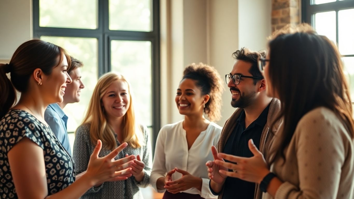 Oameni discutând constructiv în lumina soarelui.